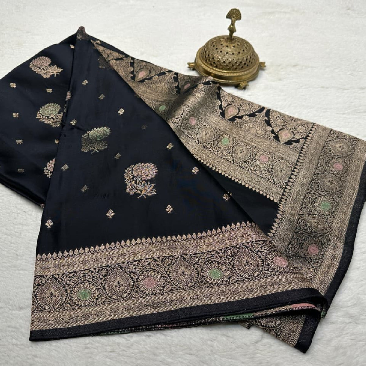 Stunning Black Kanchipuram Soft Silk Saree with Golden Zari Work