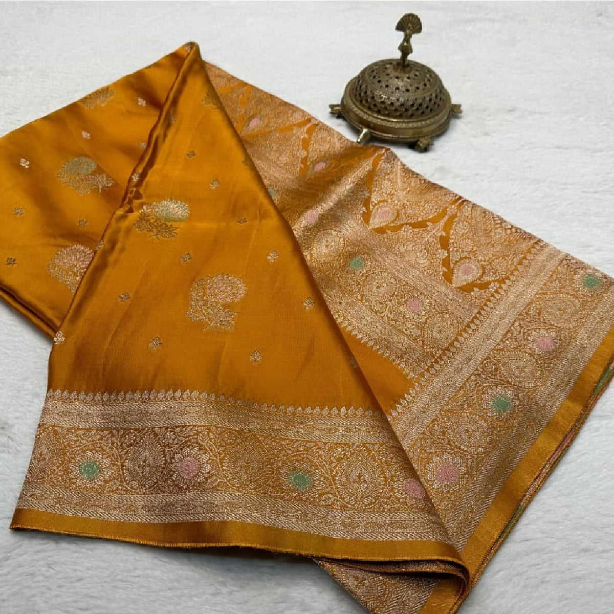 Mustard Yellow Kanchipuram Soft Silk Saree with Gold Zari Work