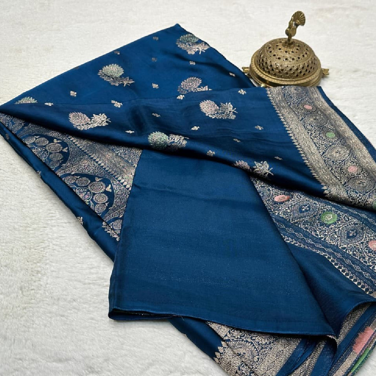 Royal Navy Blue Kanchipuram Soft Silk Saree with Heavy Zari Border