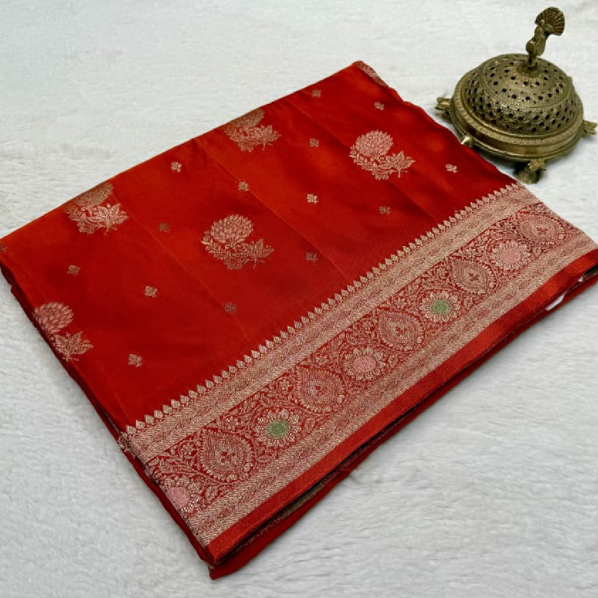 Red Kanchipuram Soft Silk Saree with Heavy Zari Border & Meena Butta
