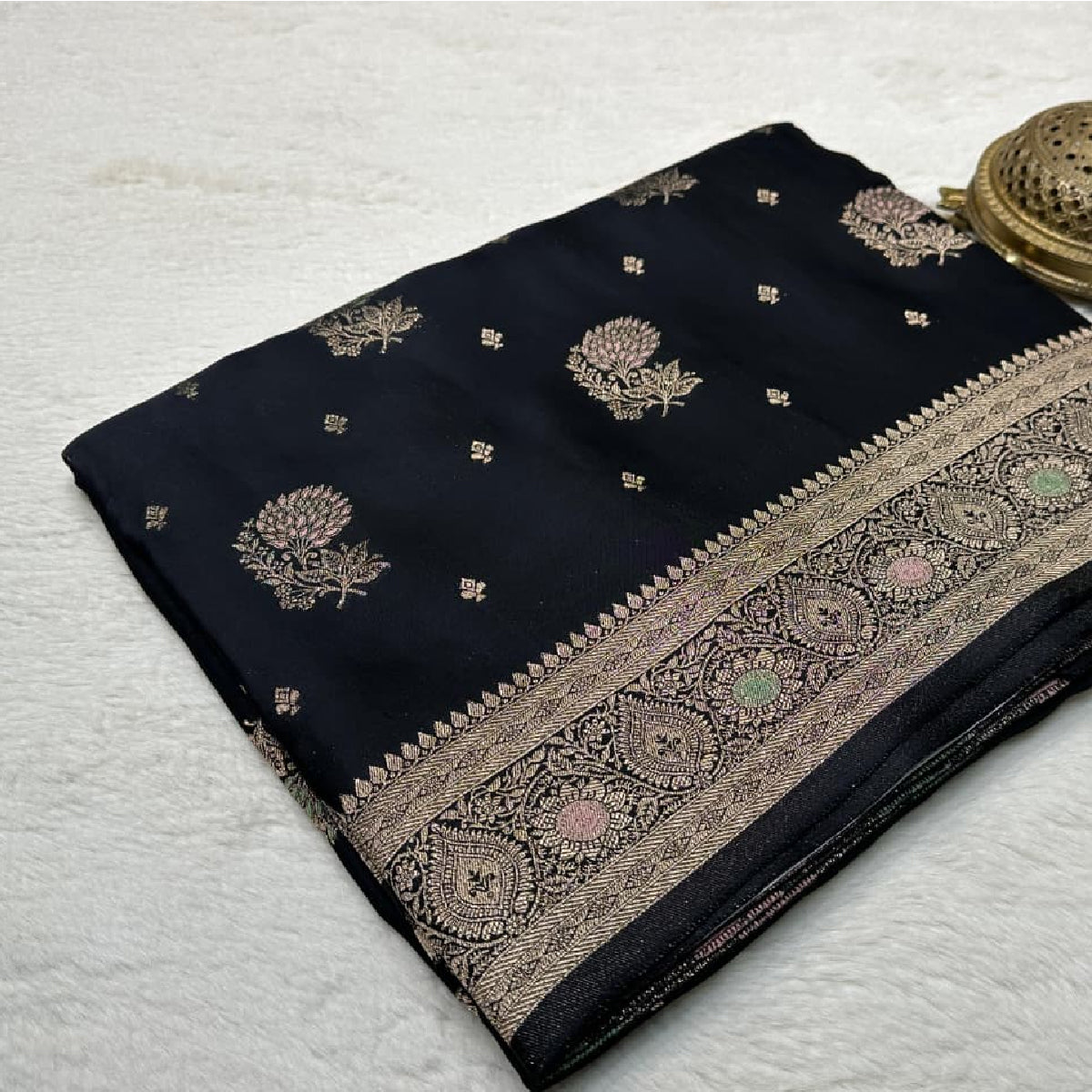 Stunning Black Kanchipuram Soft Silk Saree with Golden Zari Work