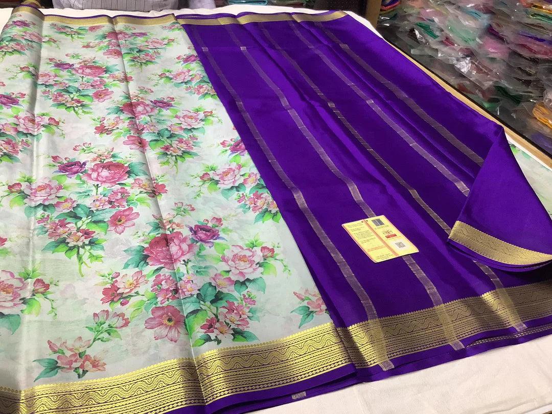 Premium Luxurious Mysore Printed Crepe Silk Sarees for Women for Weddings & Festive Wear