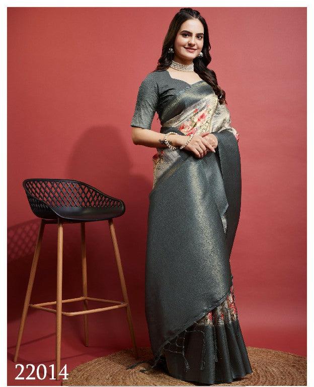 Premium Modern Prints, Timeless Grace: Digital Soft Silk Sarees in Grey for Weddings & Festive Wear