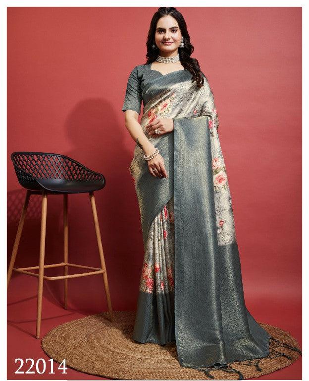 Premium Modern Prints, Timeless Grace: Digital Soft Silk Sarees in Grey for Weddings & Festive Wear