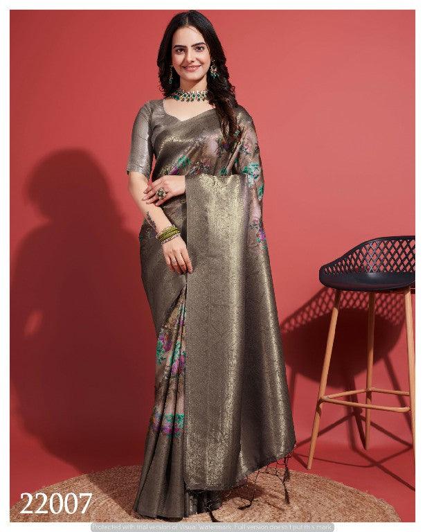 Premium Contemporary Charm: Digital Printed Soft Silk Sarees in Grey for Weddings & Festive Wear