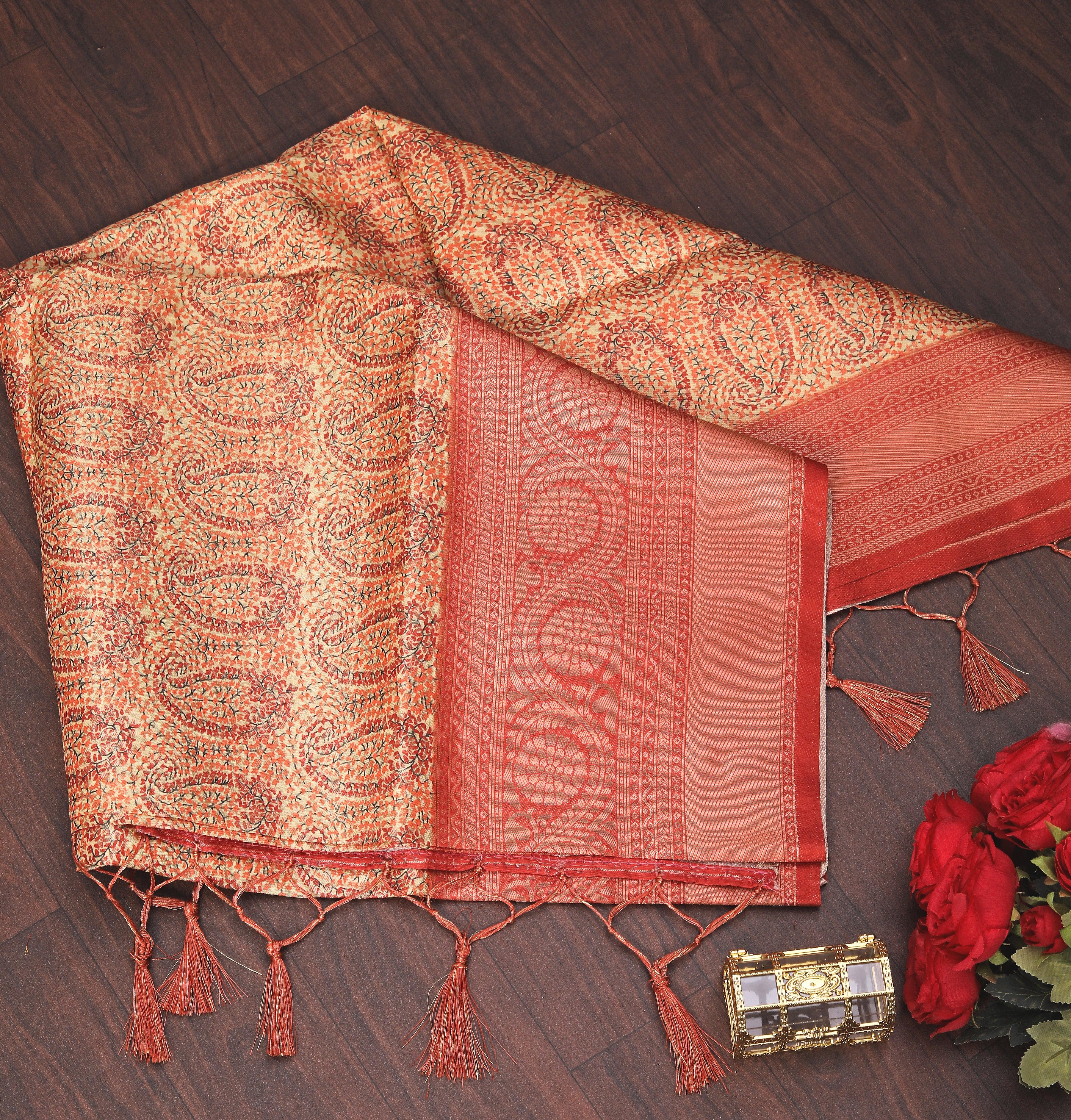 Premium Digital soft silk printed saree in Golden for Weddings & Festive Wear