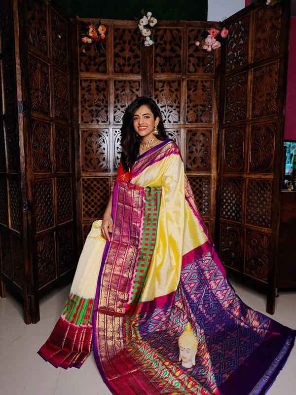 Yellow & Blue ikkat Printed handloom Soft Silk Saree