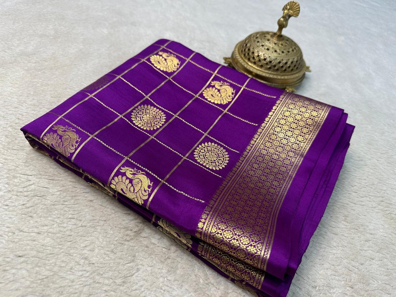 Regal Harmony: Peacock & Chakra Motifs in Chex Soft Silk Elegance