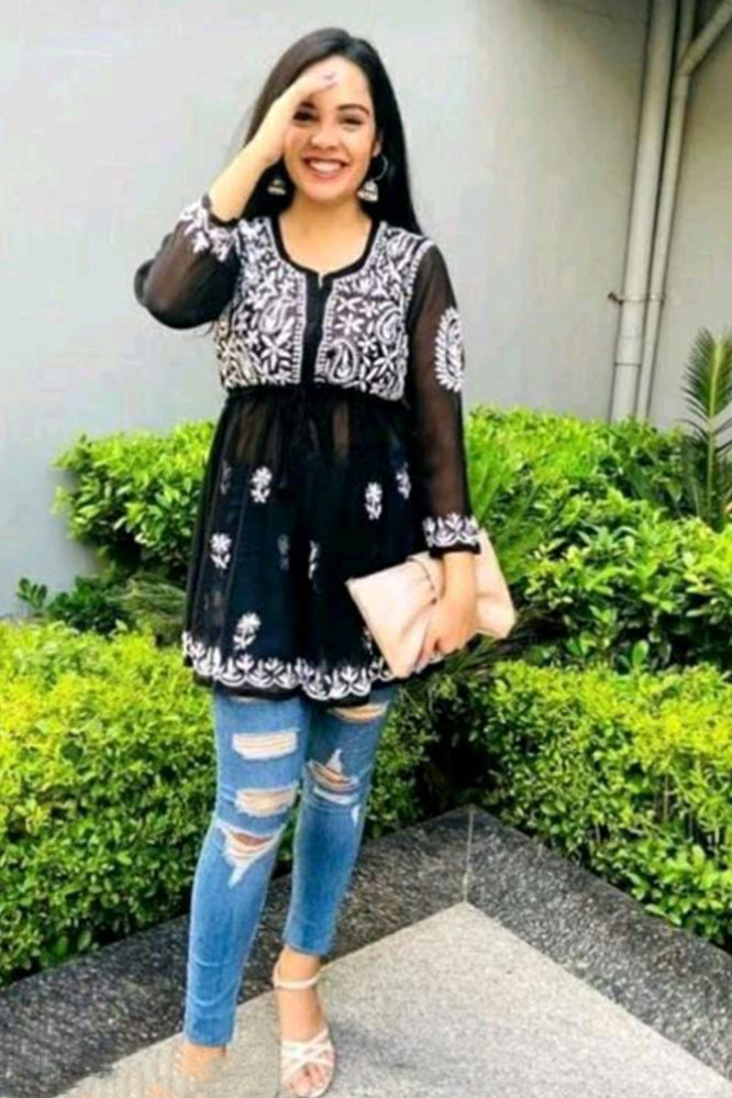 Women Black Schiffli Embroidered Top