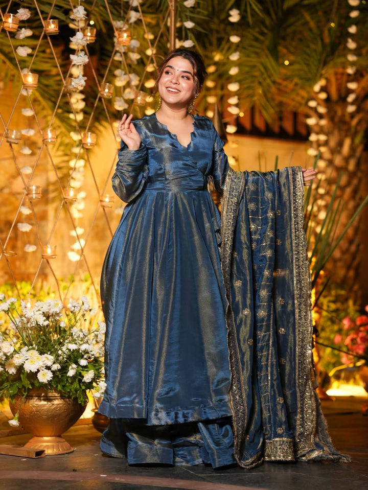 Blue Wedding Wear Anarkali Salwar Suit Set with Dupatta