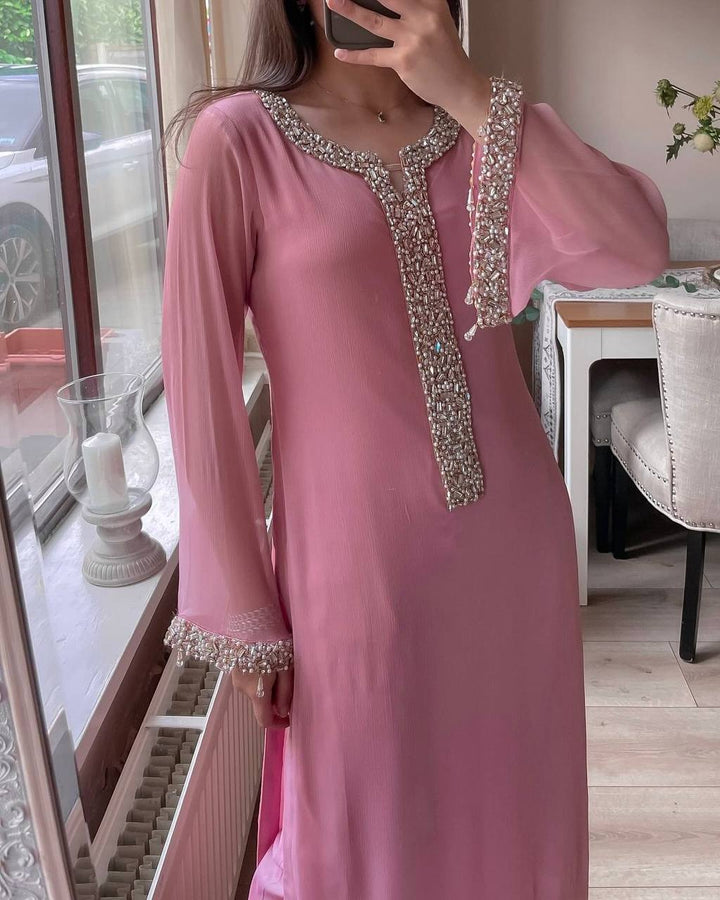 Women Pink Georgette Salwar Suit Real Moti Hand Embroidery