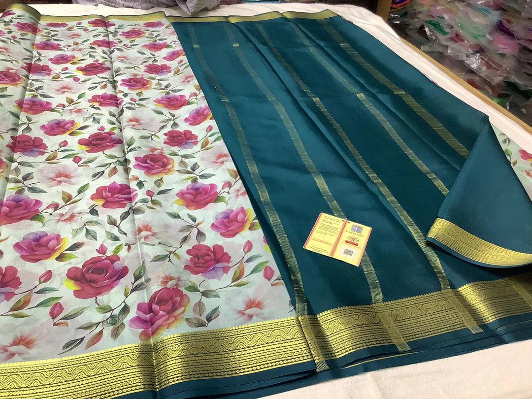 Premium Mysore Printed Crepe Silk Sarees with Vibrant Flowers for Weddings & Festive Wear