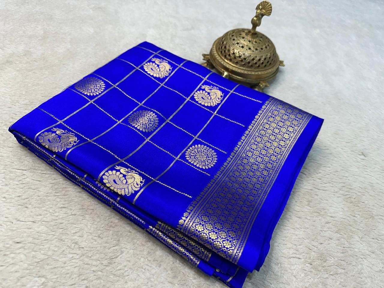 Regal Harmony: Peacock & Chakra Motifs in Chex Soft Silk Elegance