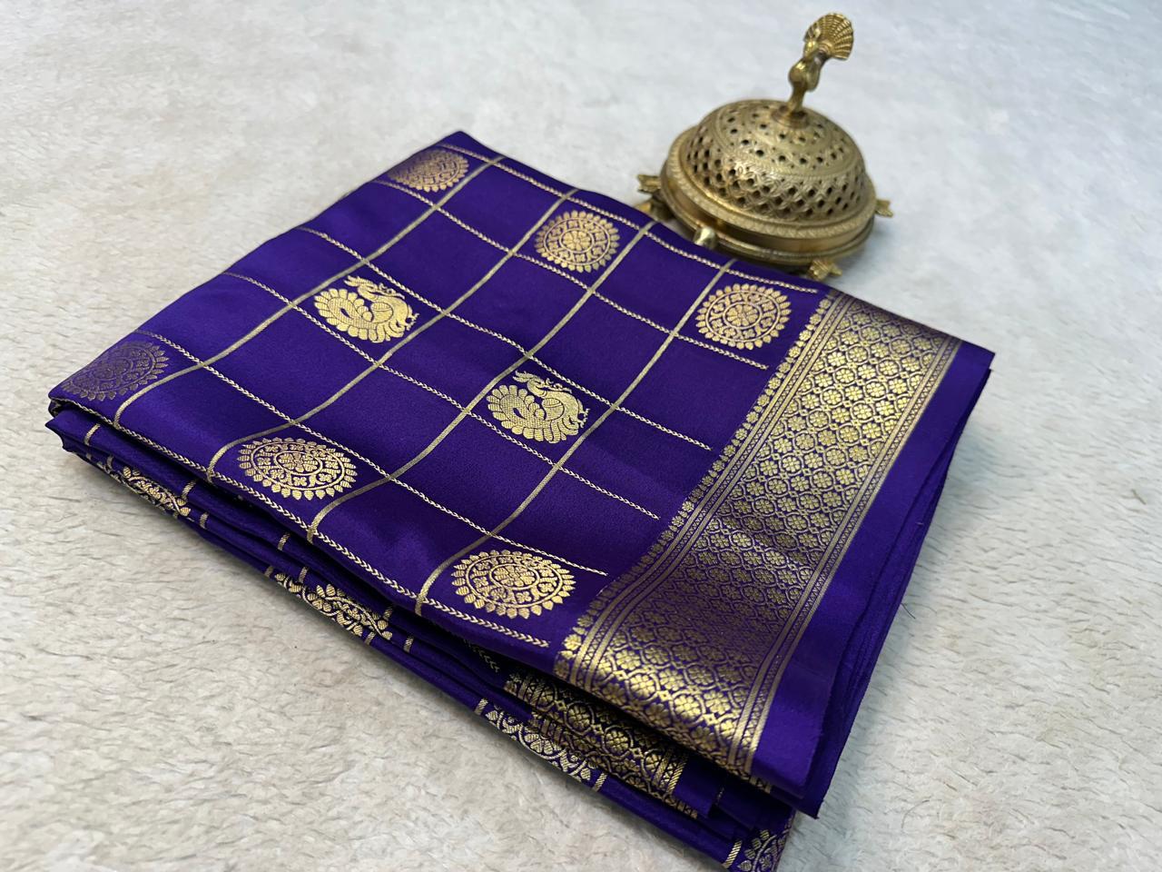 Regal Harmony: Peacock & Chakra Motifs in Chex Soft Silk Elegance