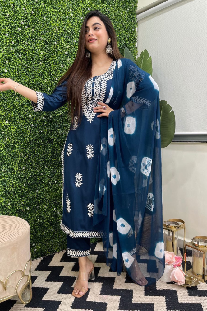 Navy Blue Cotton Blend Kurti Pant Dupatta Set