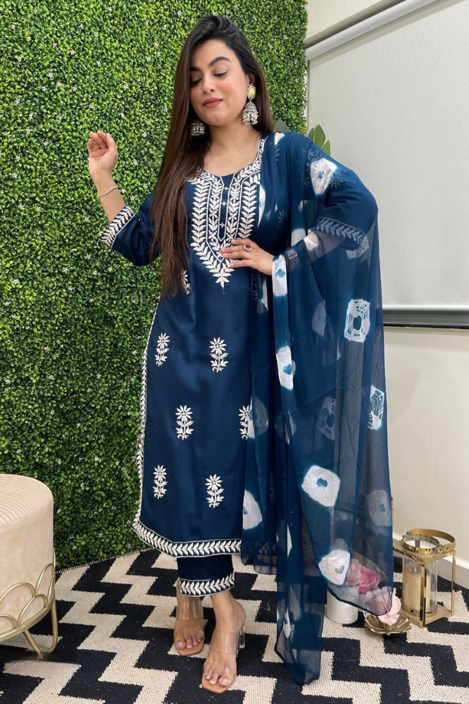 Navy Blue Cotton Blend Kurti Pant Dupatta Set
