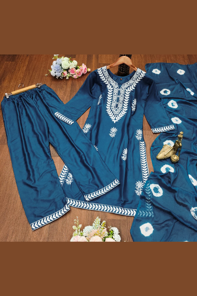 Navy Blue Cotton Blend Kurti Pant Dupatta Set