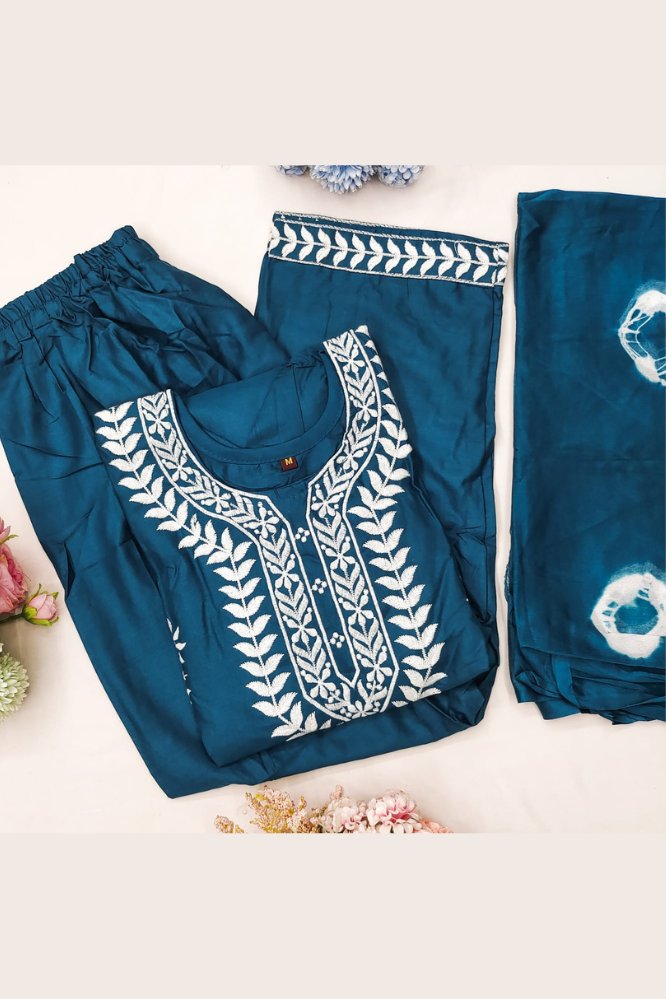 Navy Blue Cotton Blend Kurti Pant Dupatta Set