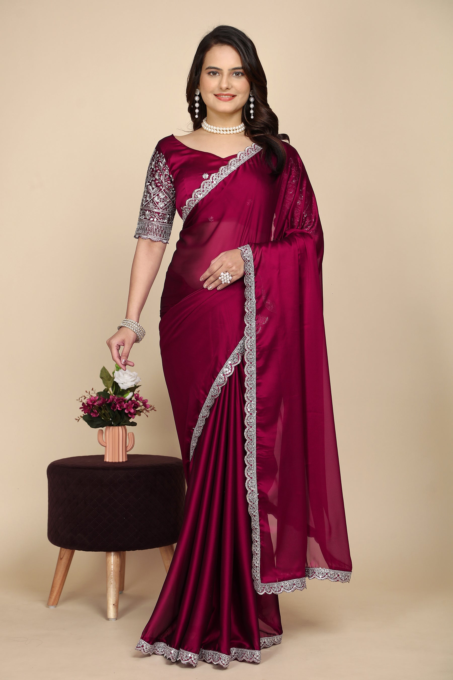Premium Elevate Elegance: Premium Space Silk Saree with Intricate Embroidery with maroon for Weddings & Festive Wear