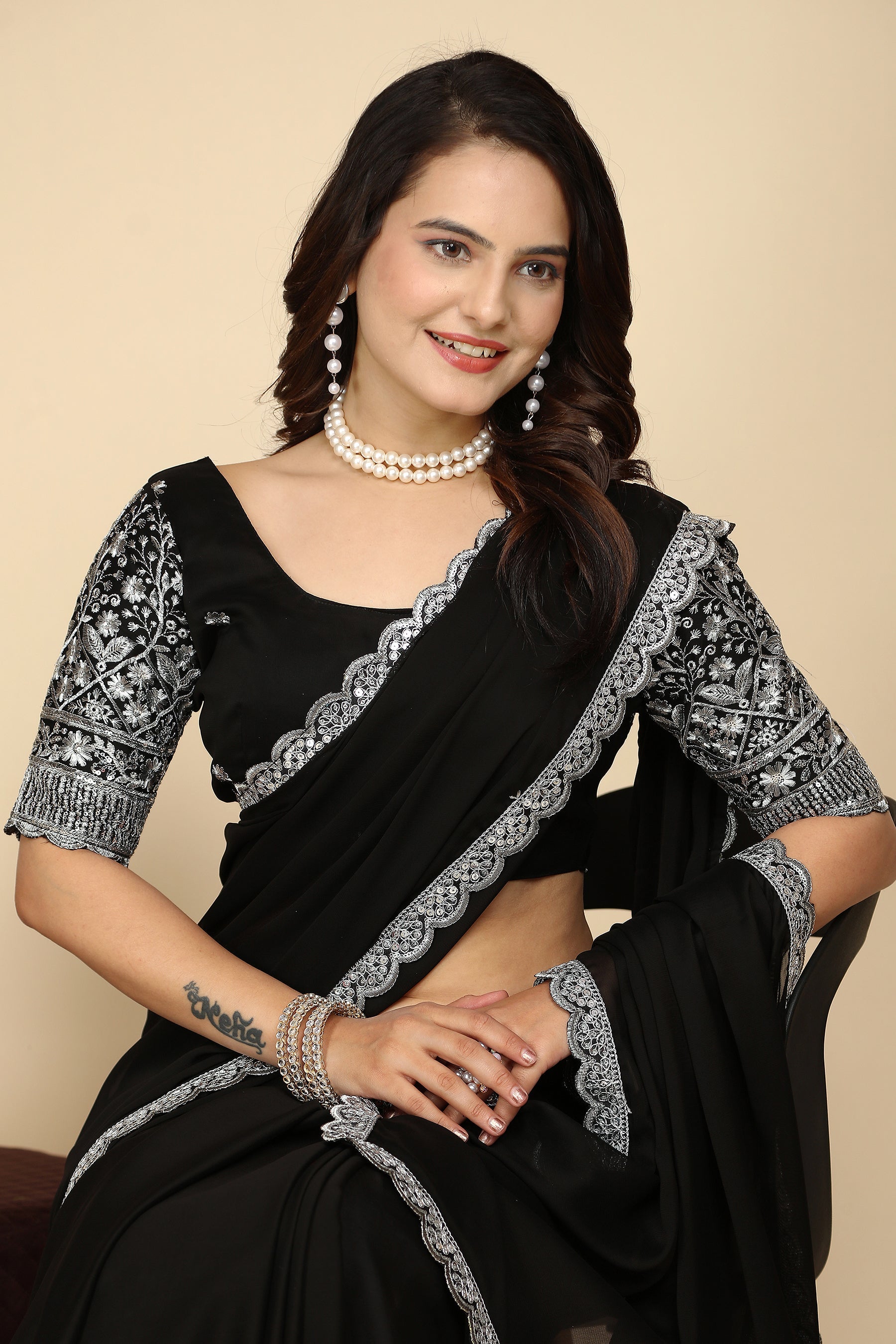 Premium Grace in Every Thread: Exquisite C Pallu & Handwork on black for Weddings & Festive Wear