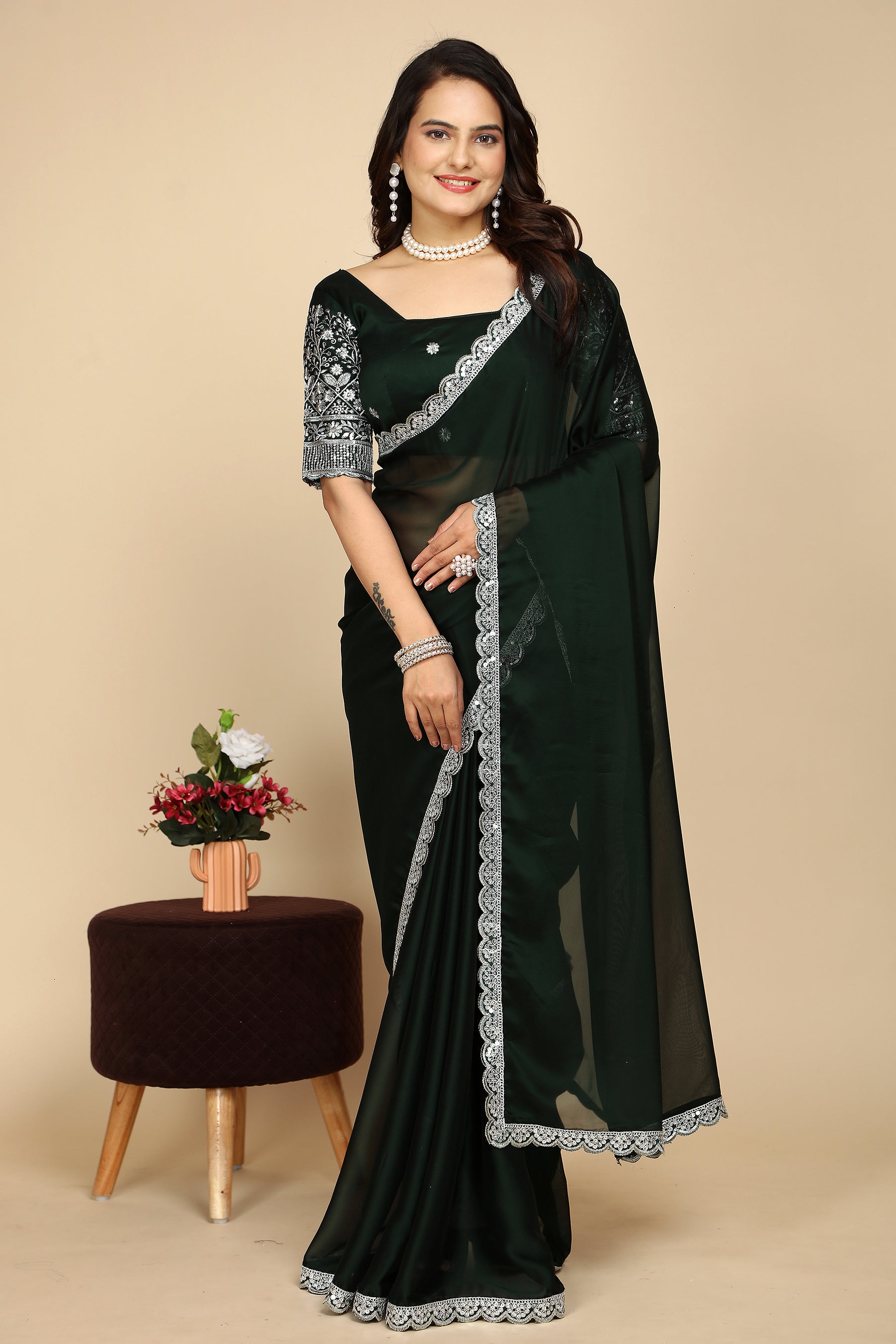 Premium Luxury Woven in Silk: Designer Saree with Contrast Blouse in Bottle Green for Weddings & Festive Wear