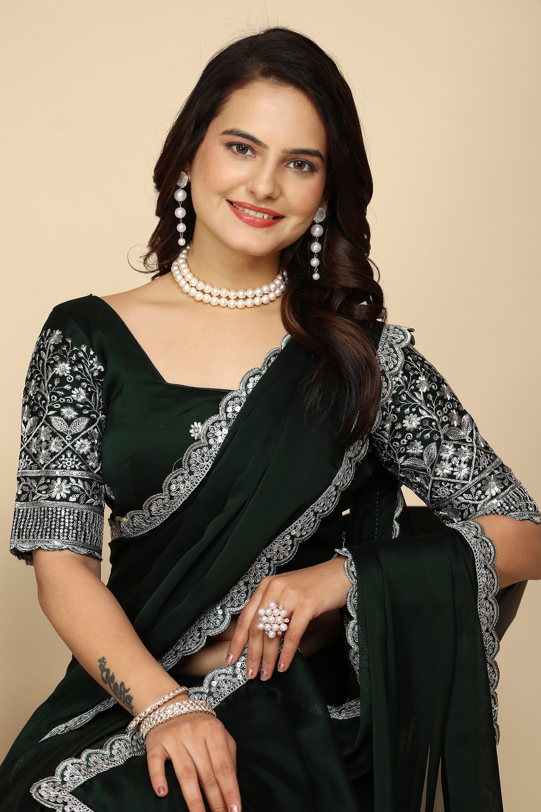 Premium Luxury Woven in Silk: Designer Saree with Contrast Blouse in Bottle Green for Weddings & Festive Wear