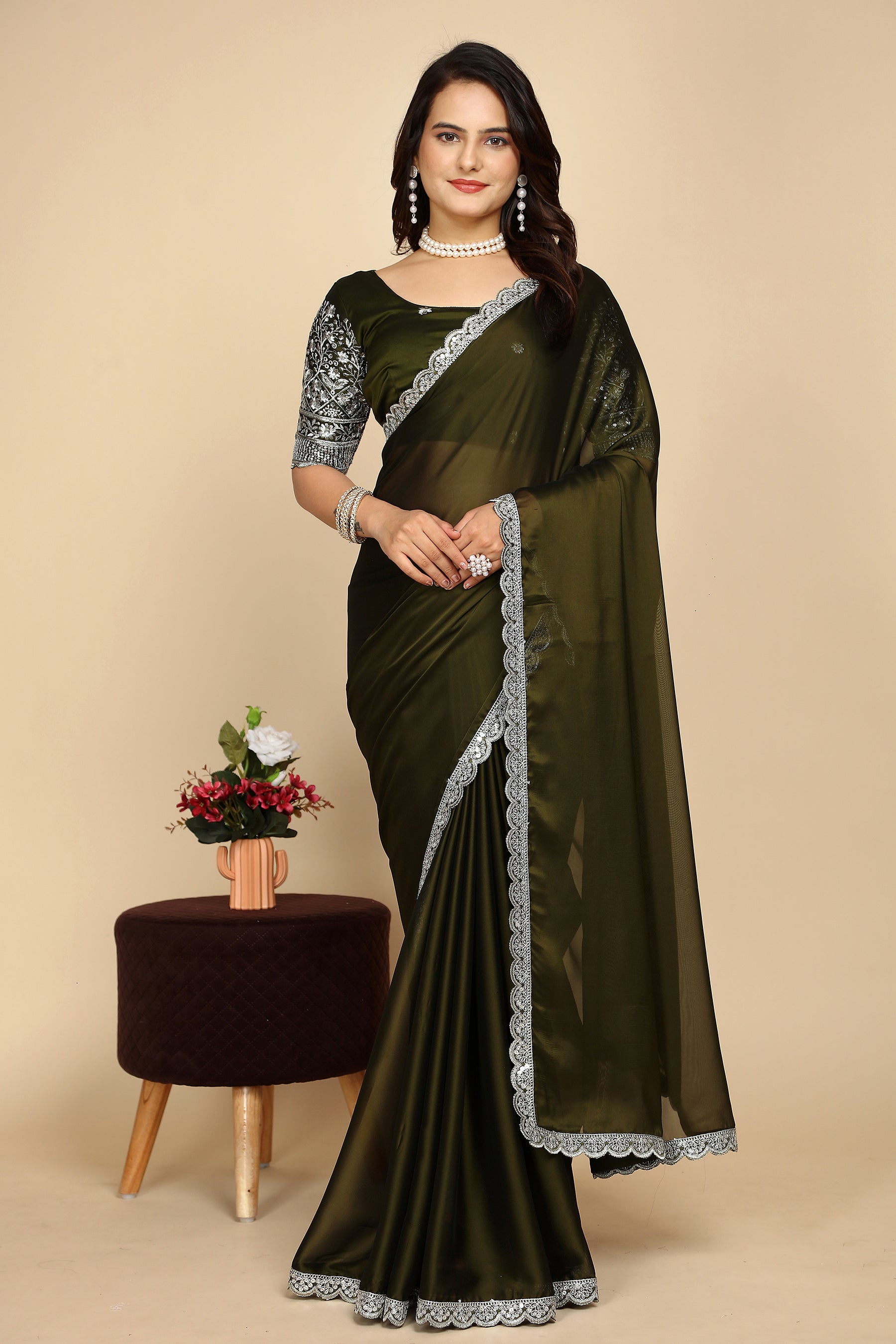Premium Silk Symphony: The Designer Saree That Defines Beauty in mehndi colour for Weddings & Festive Wear