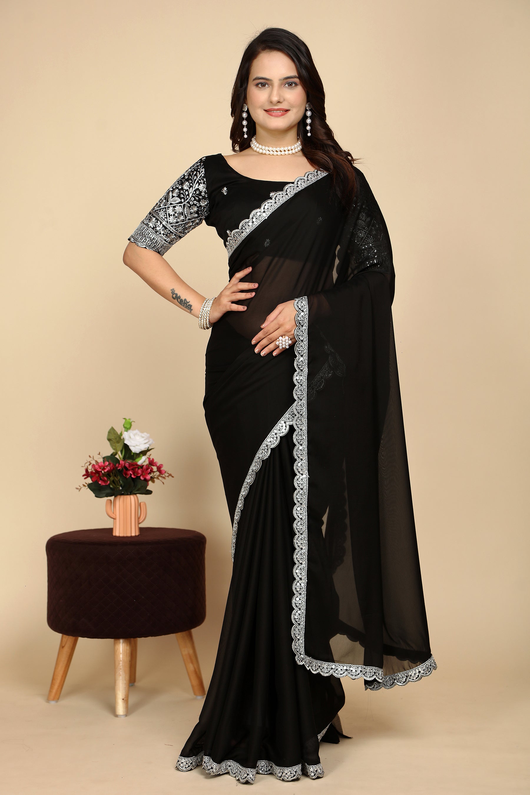 Premium Grace in Every Thread: Exquisite C Pallu & Handwork on black for Weddings & Festive Wear