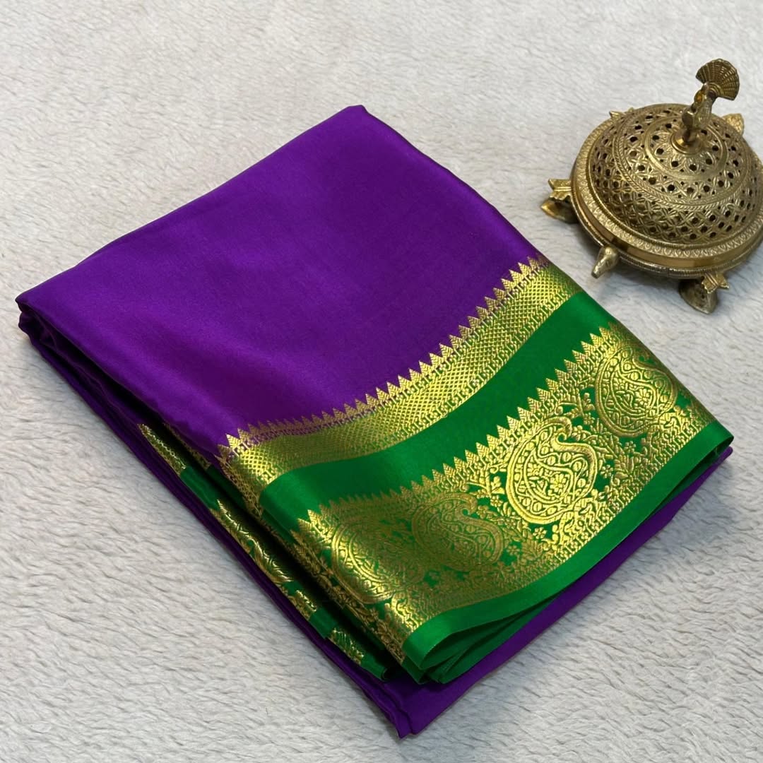 Traditional Mango Bentex Border Mysore Silk Sarees with Contrast Line Pallu
