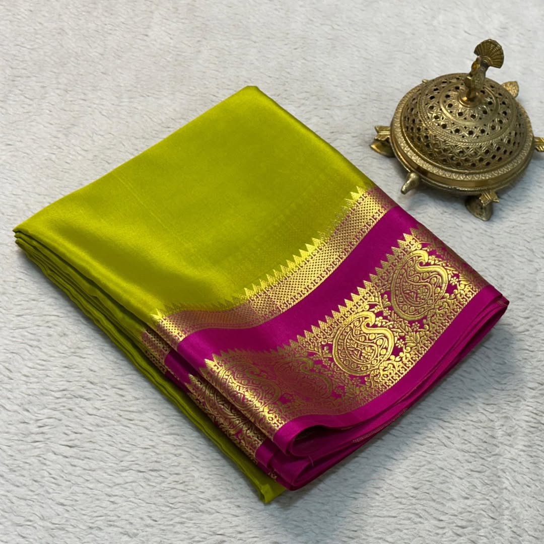 Mysore Silk: Mango Bentex Border Sarees with Line Pallu