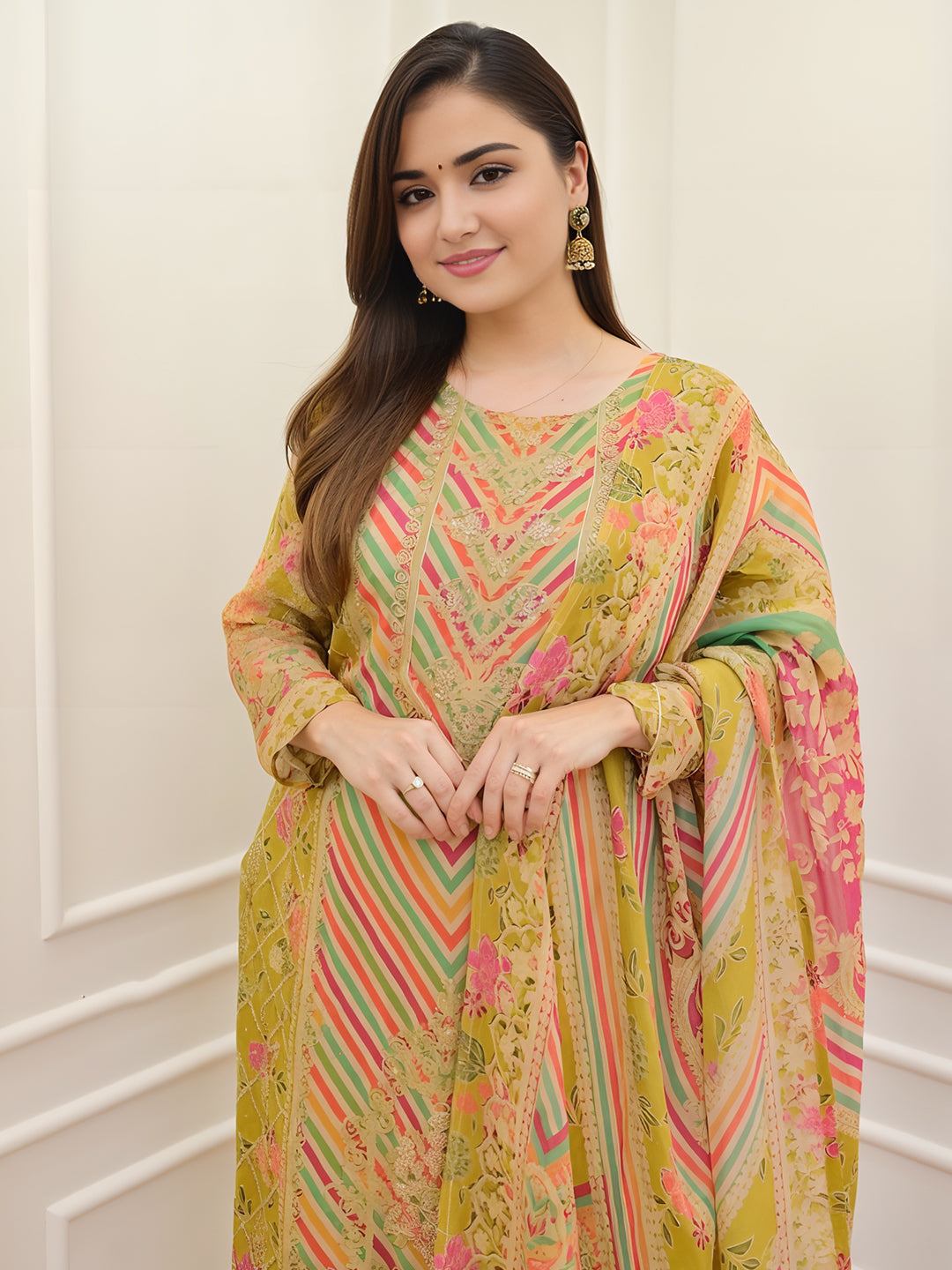 Lime Green Colour Embroidered Sequence Work Kurta with Pants & Dupatta