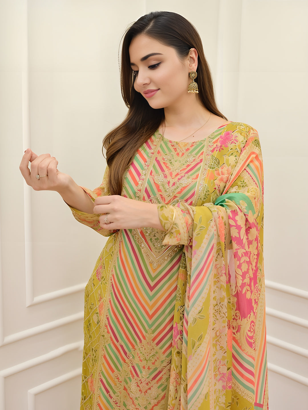 Lime Green Colour Embroidered Sequence Work Kurta with Pants & Dupatta