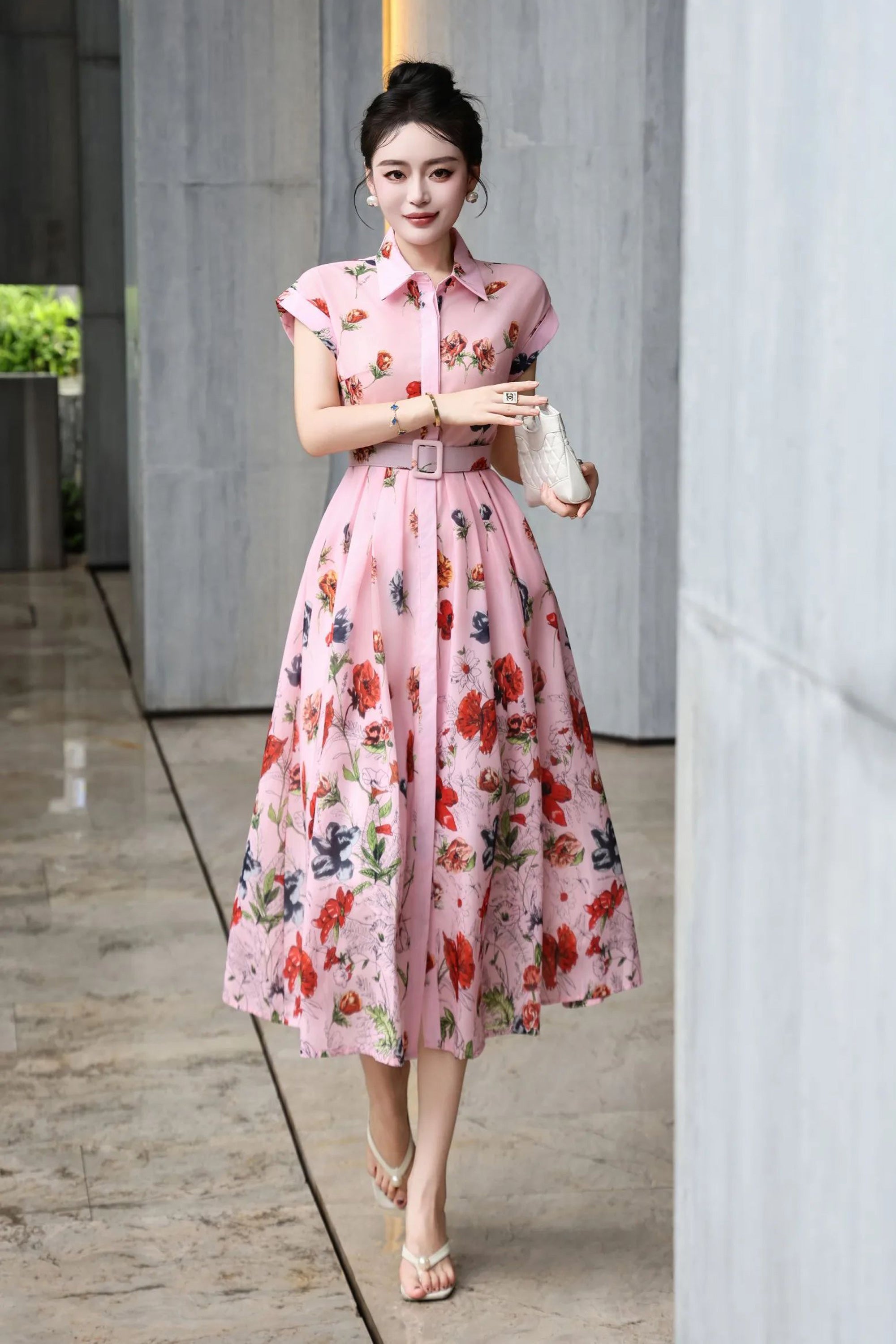 Premium Women’s Summer Pink Floral Print Midi Shirt Dress for Weddings & Festive Wear