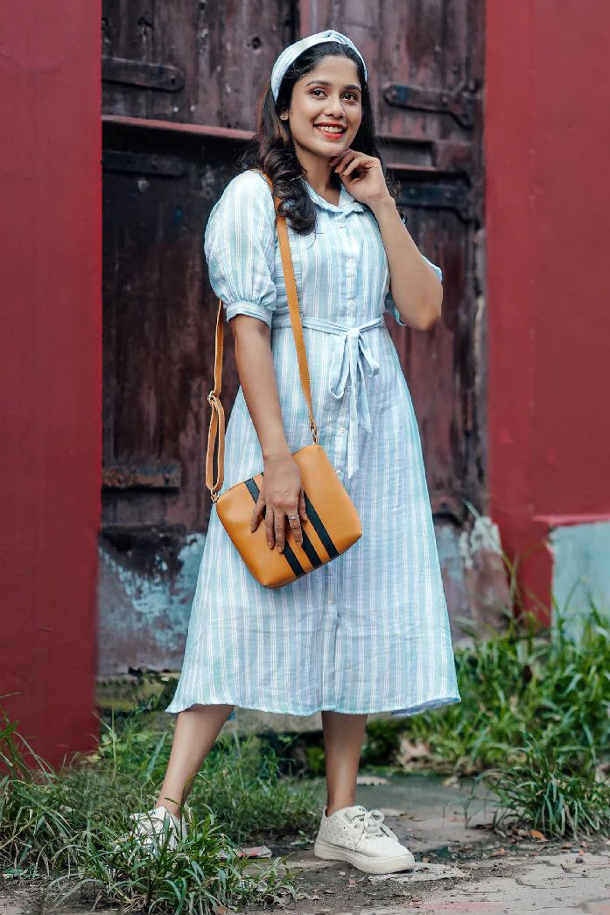 Premium Women’s Sky Blue Breeze White Striped Shirt Dress for Weddings & Festive Wear