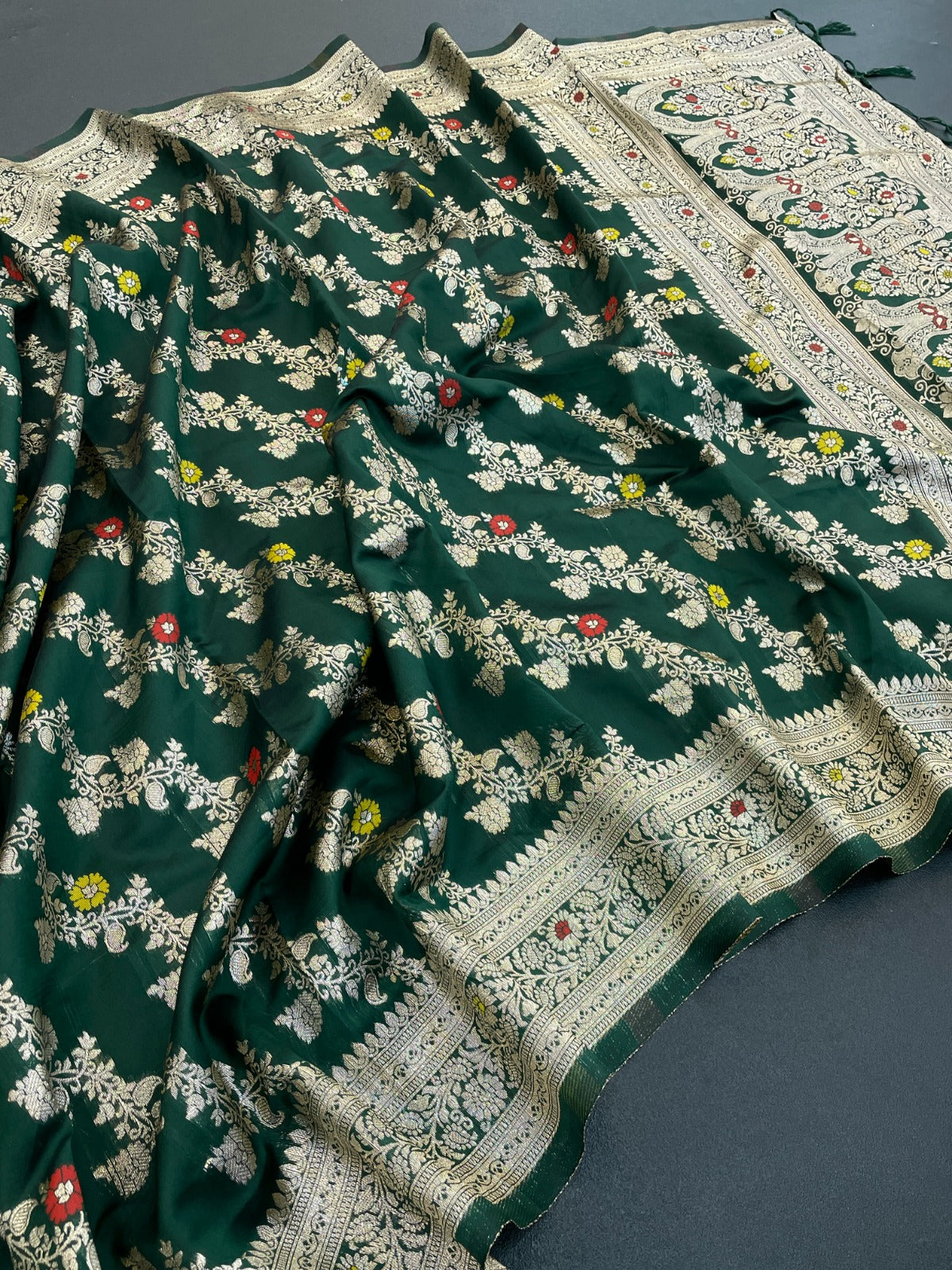 Traditional Banarasi Soft Silk Saree with Floral Zari Border