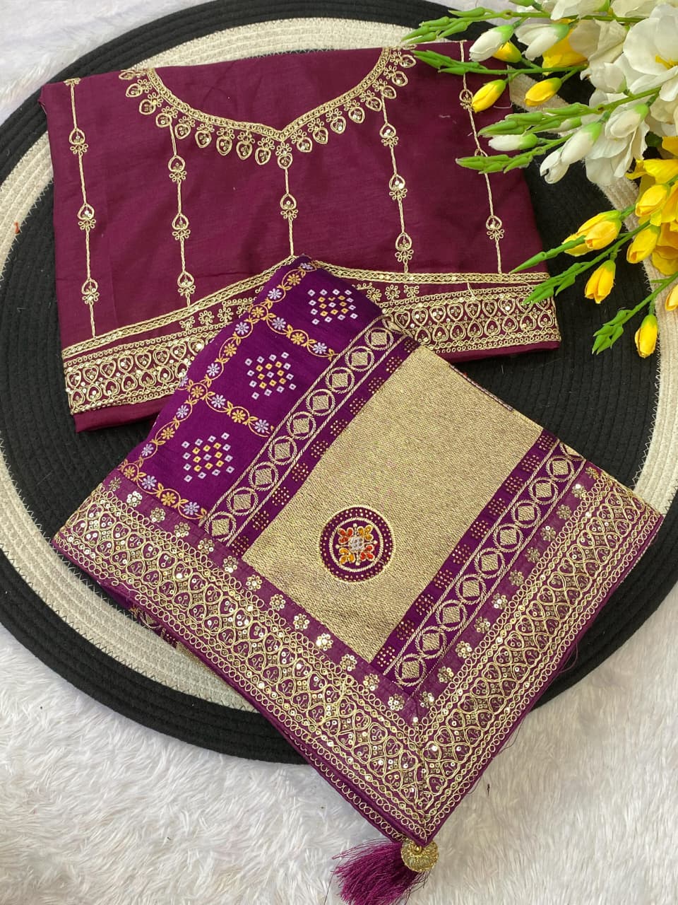 Traditional Vichitra Saree with Stunning Jharkan Hand Embroidery