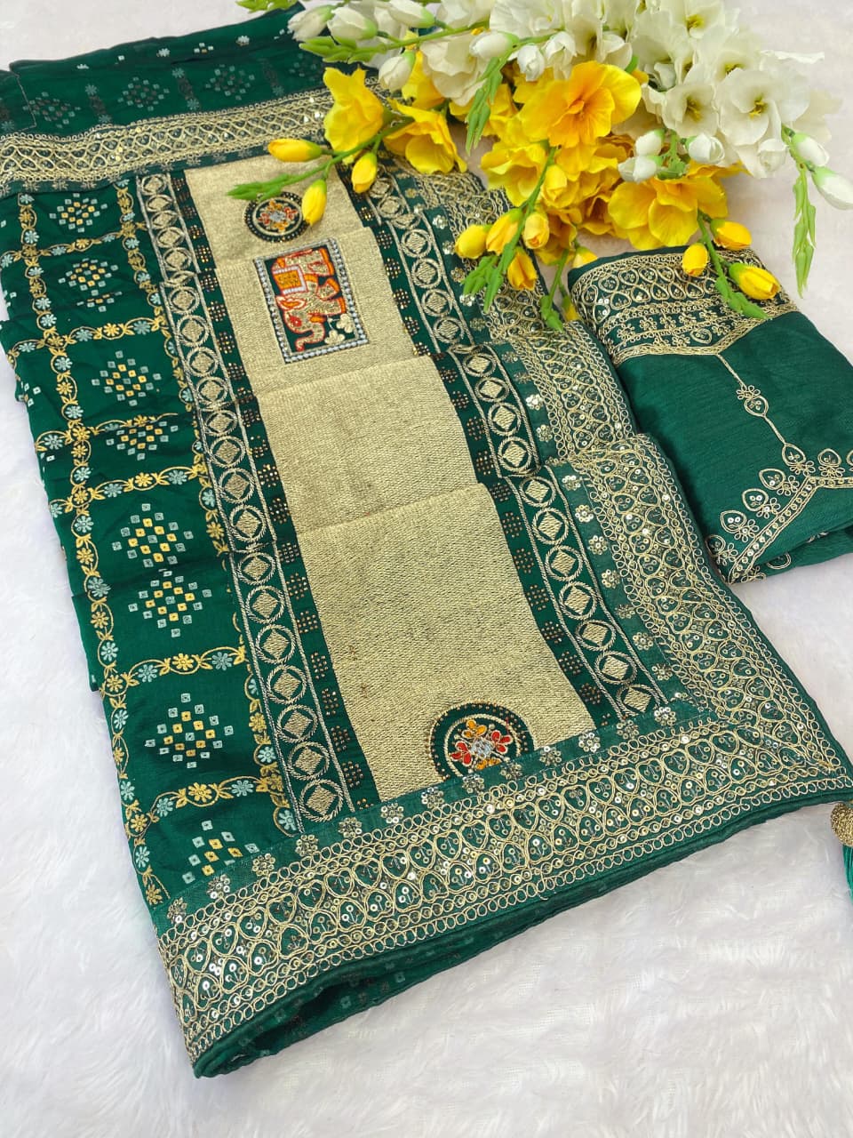 Festive Vichitra Silk Saree with Contrast Matching Blouse Piece