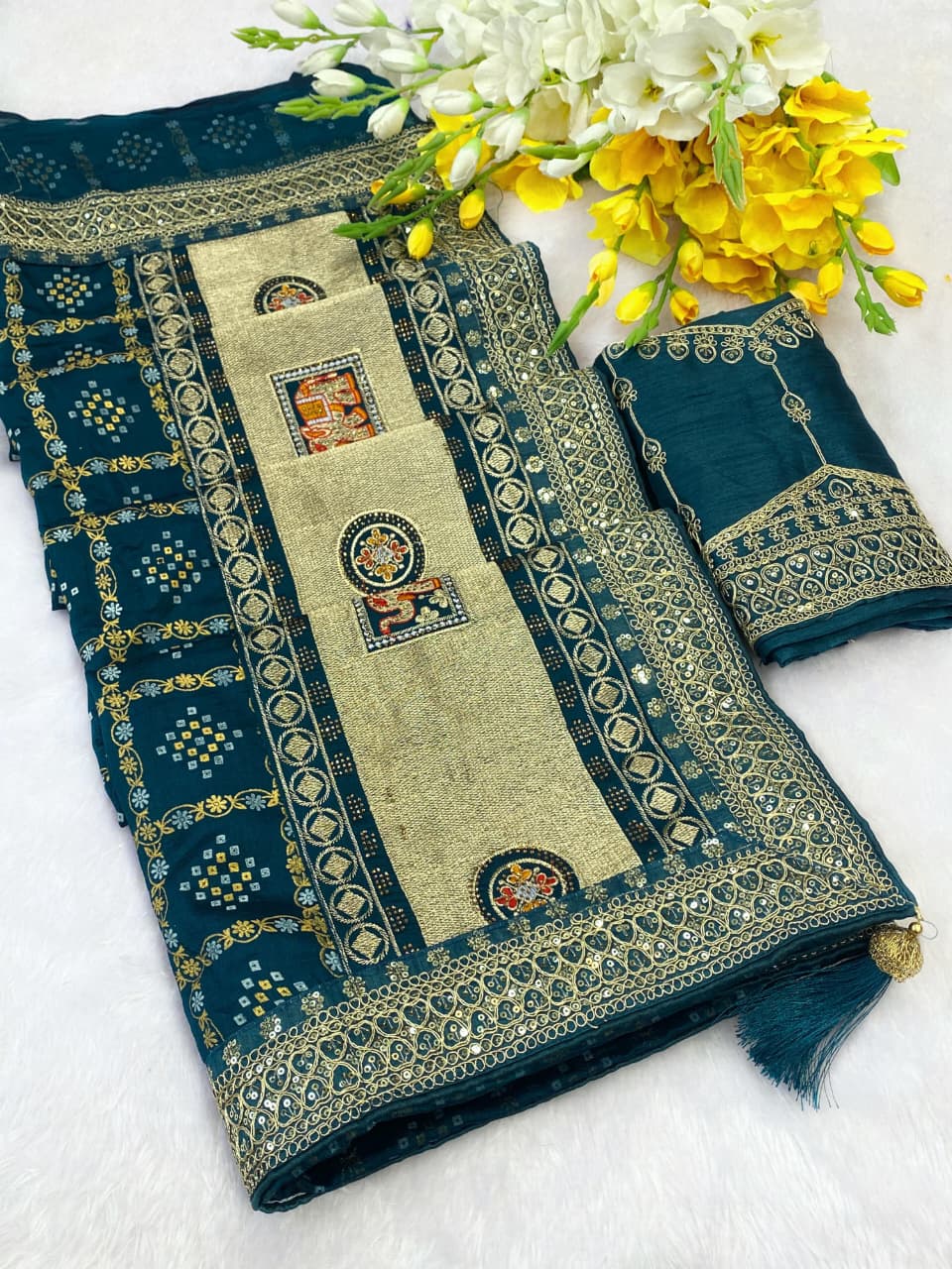 Party Wear Vichitra Saree with Jharkan Detailing & Rich Look