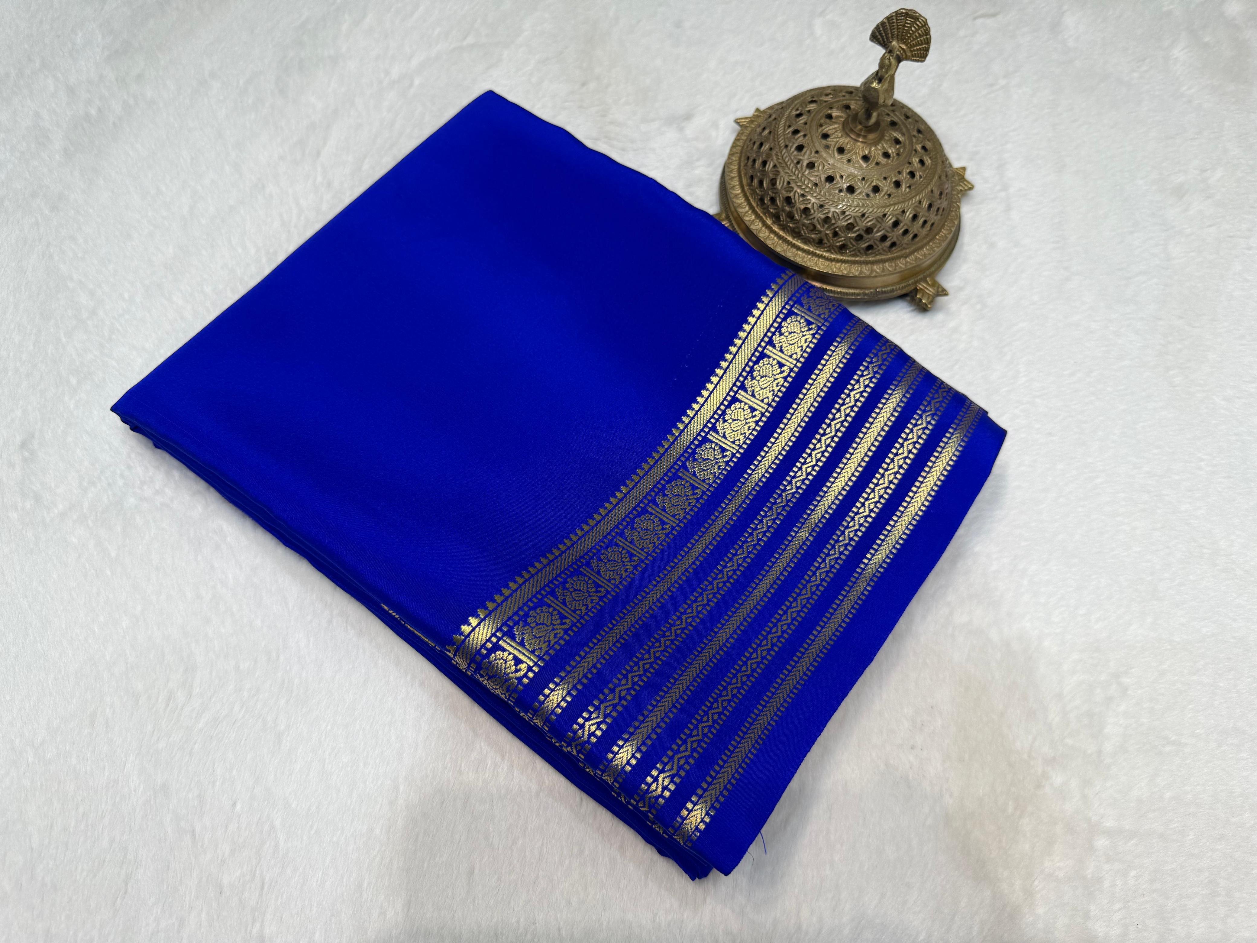 Blue Mysore Crepe Silk Saree Lightweight Soft Silk Golden Zari Work