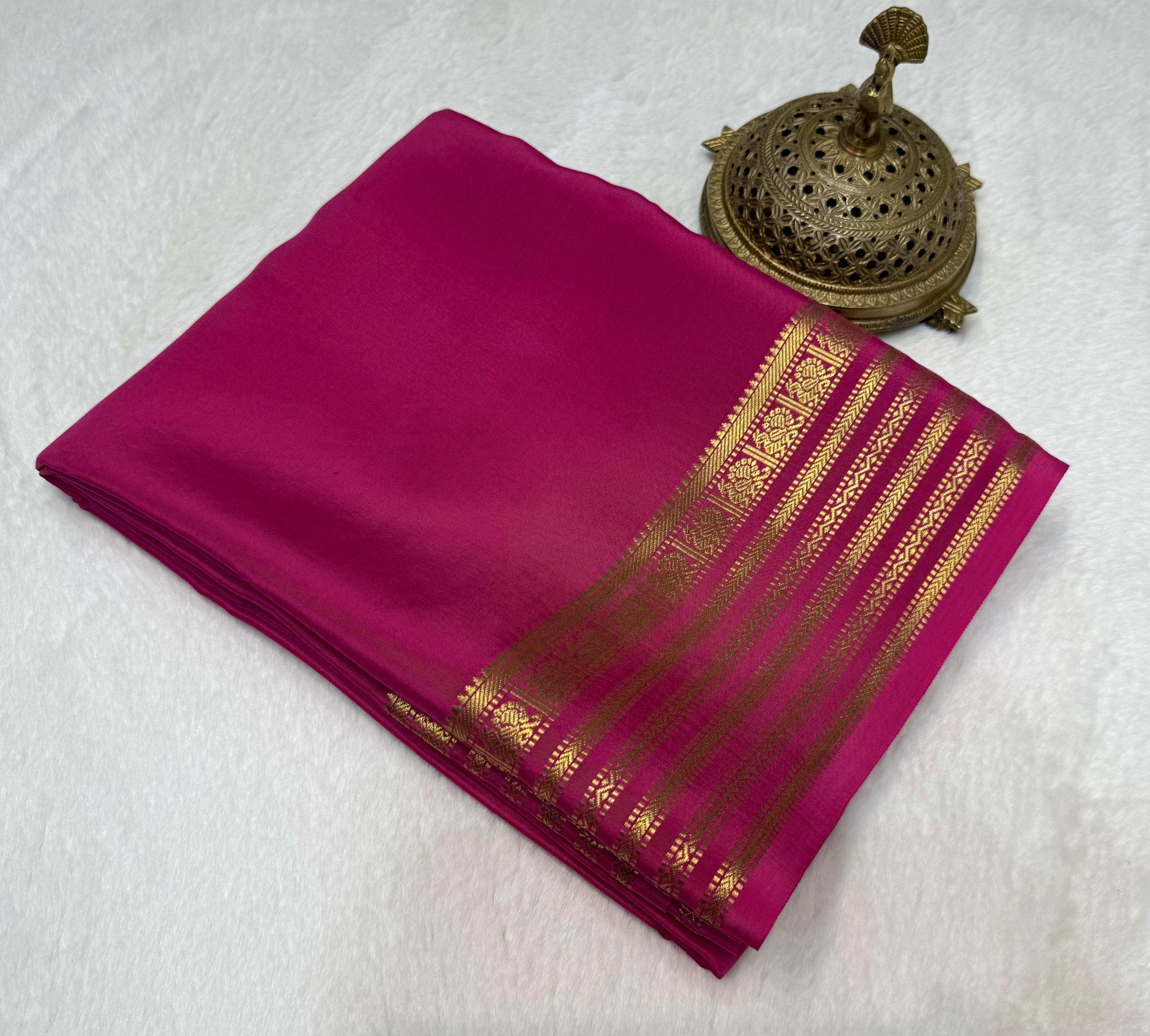 Rani pink Traditional Mysore Silk Saree Gold Zari, Wedding & Festive Wear