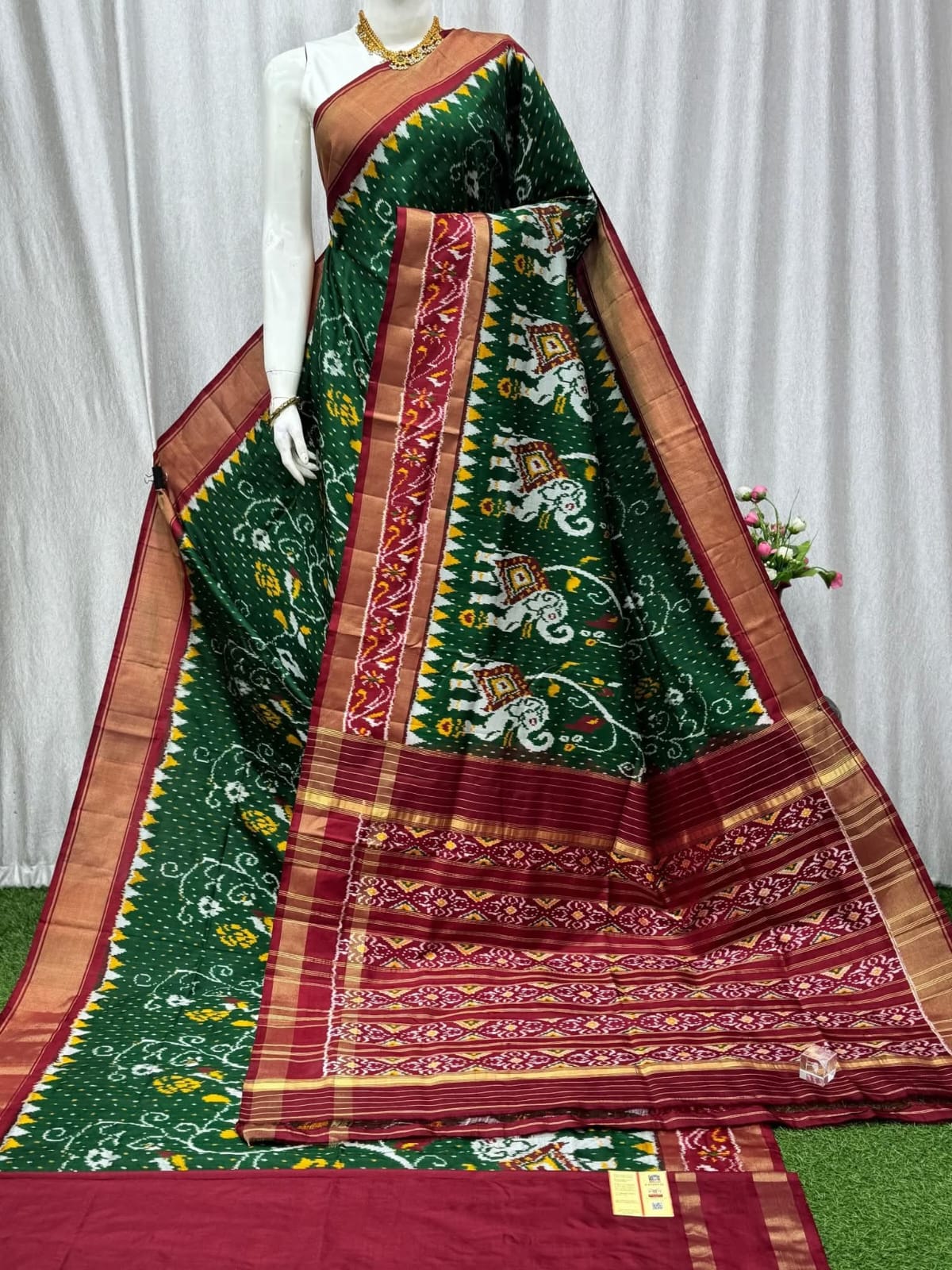 Green Pochampally Ikat Pure Silk Saree with Maroon Border and Elephant Motifs