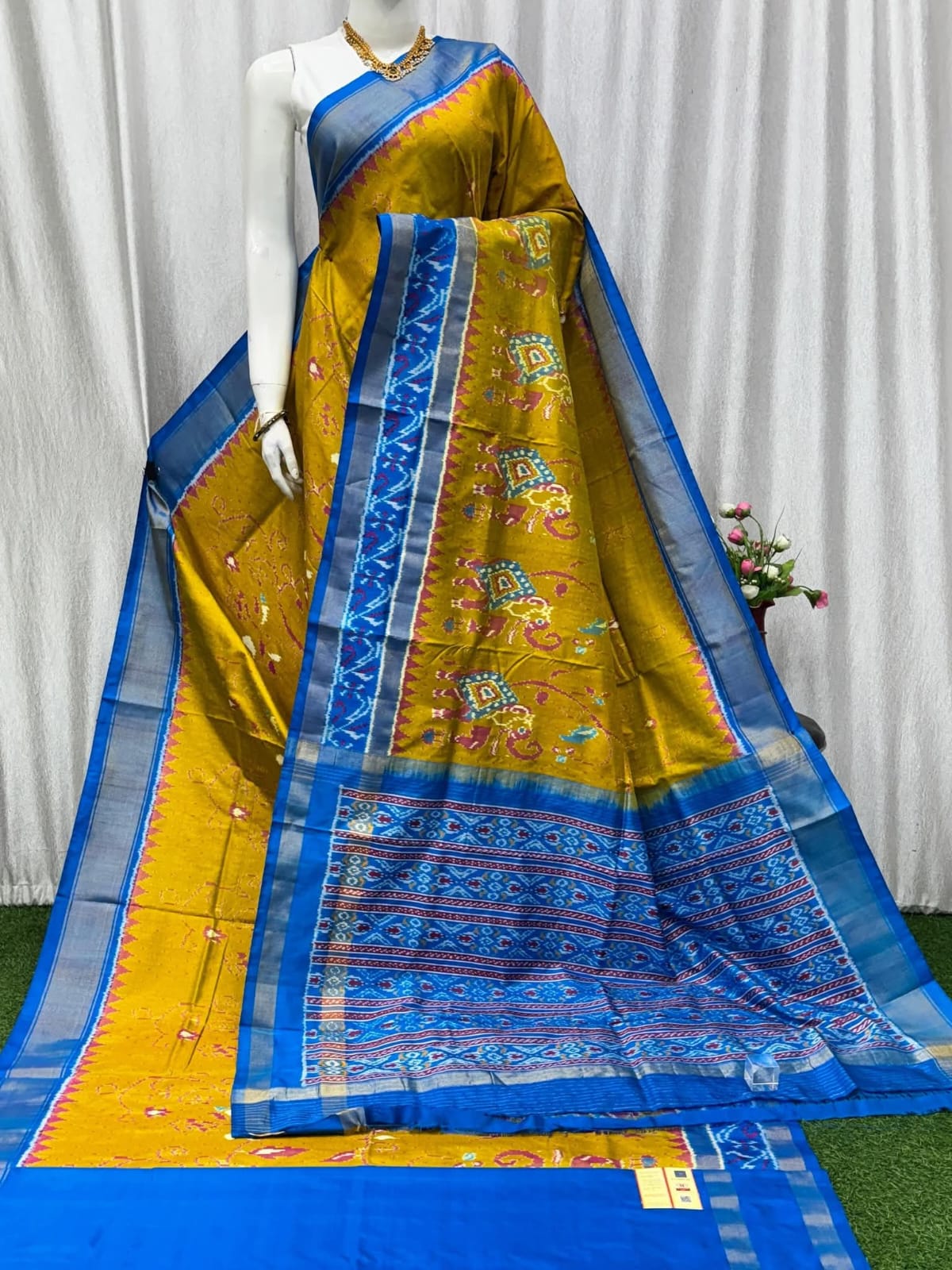 Mustard Yellow Pochampally Ikat Pure Silk Saree with Blue Designer Border