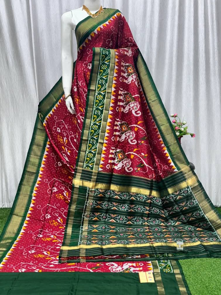 Maroon Pochampally Ikat Pure Silk Saree with Green Border and Elephant Patterns