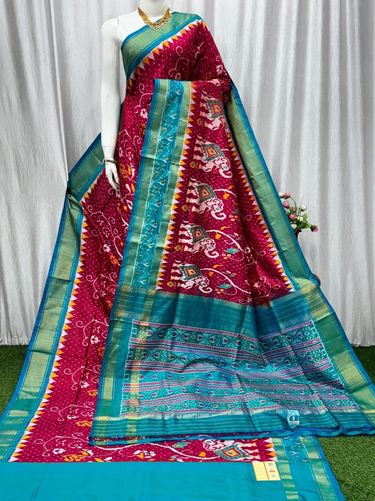 Pink Pochampally Ikat Pure Silk Saree with Teal Blue Border and Elephant Design