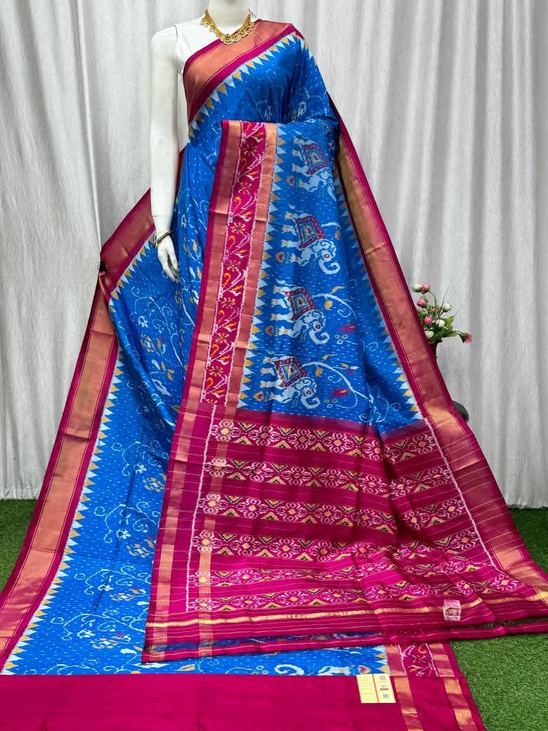 Royal Blue Pochampally Ikat Pure Silk Saree with Pink Border and Elephant Motifs