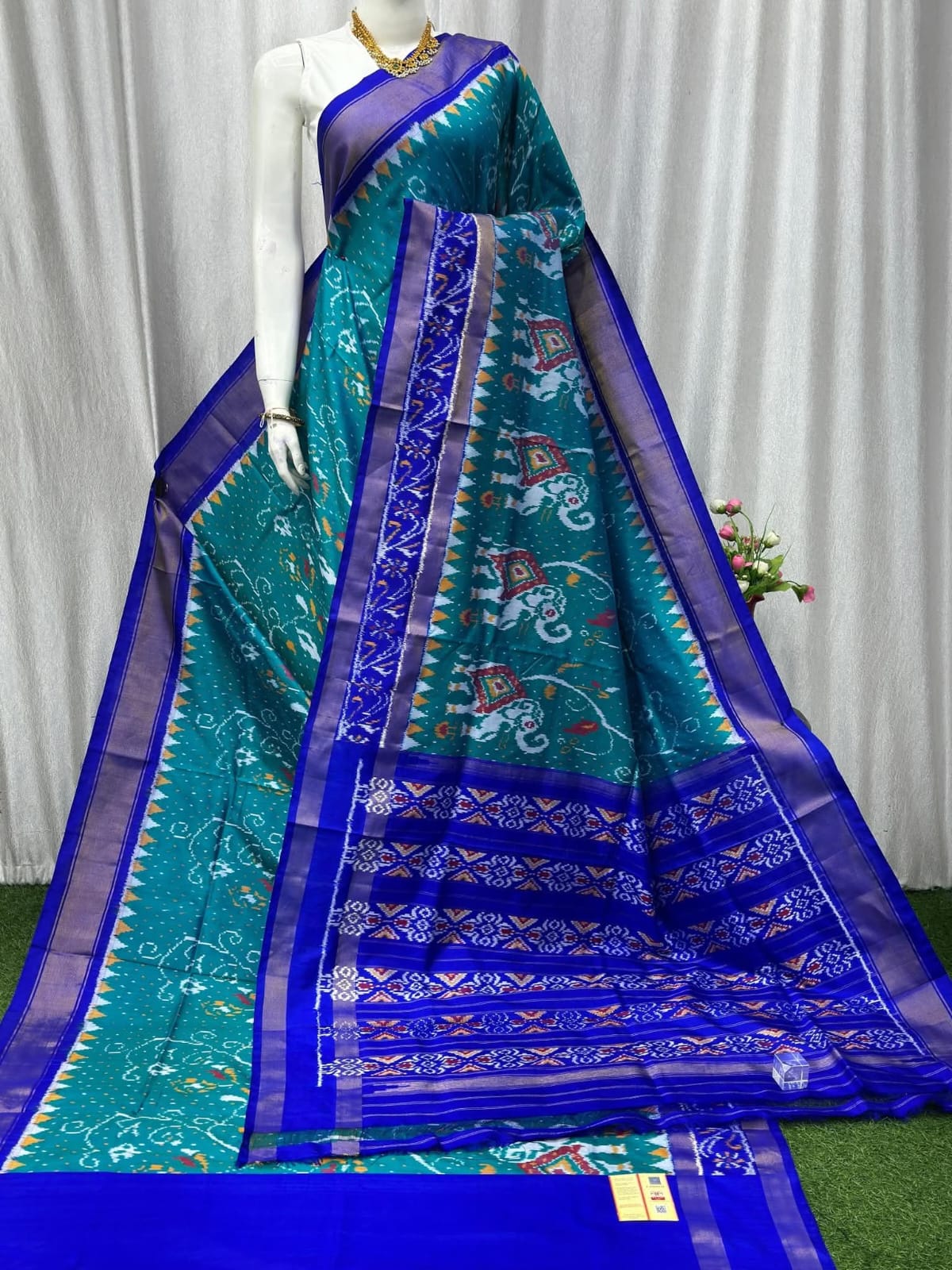Aqua Blue Pochampally Ikat Pure Silk Saree with Royal Blue Border and Elephant Motifs