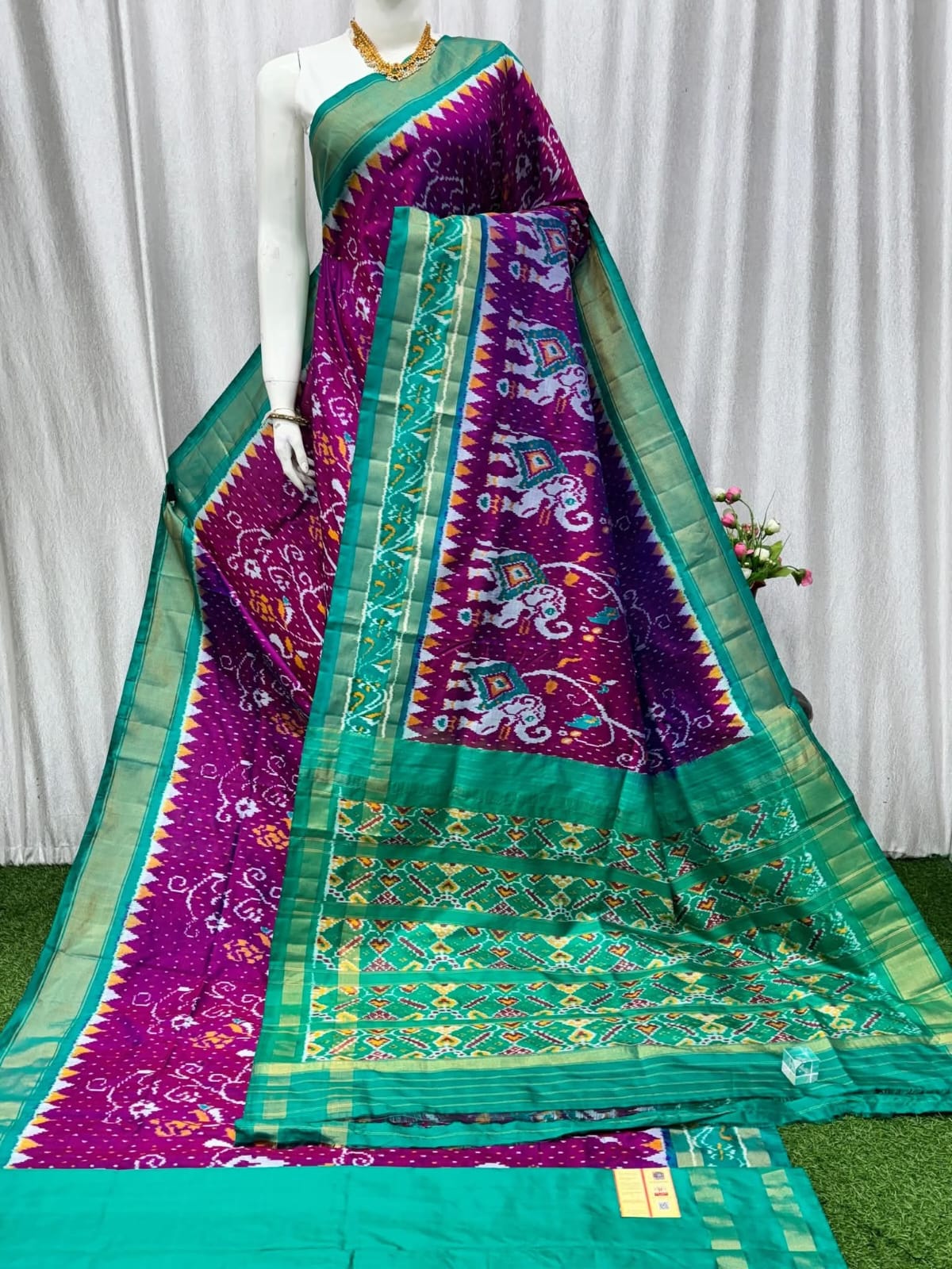 Handloom Purple Ikat Pure Silk Saree with Contrast Green Rich Pallu