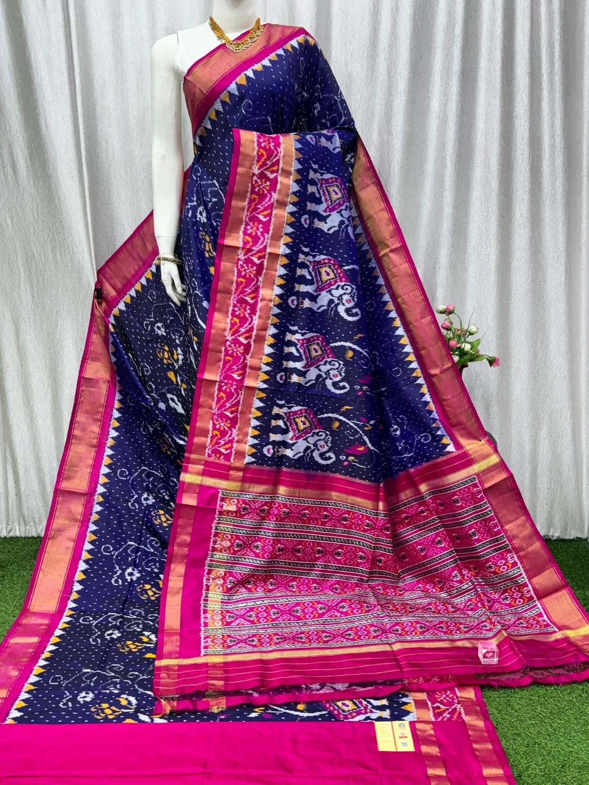 Navy Blue Handloom Ikat Pure Silk Saree with Rani Pink Designer Pallu