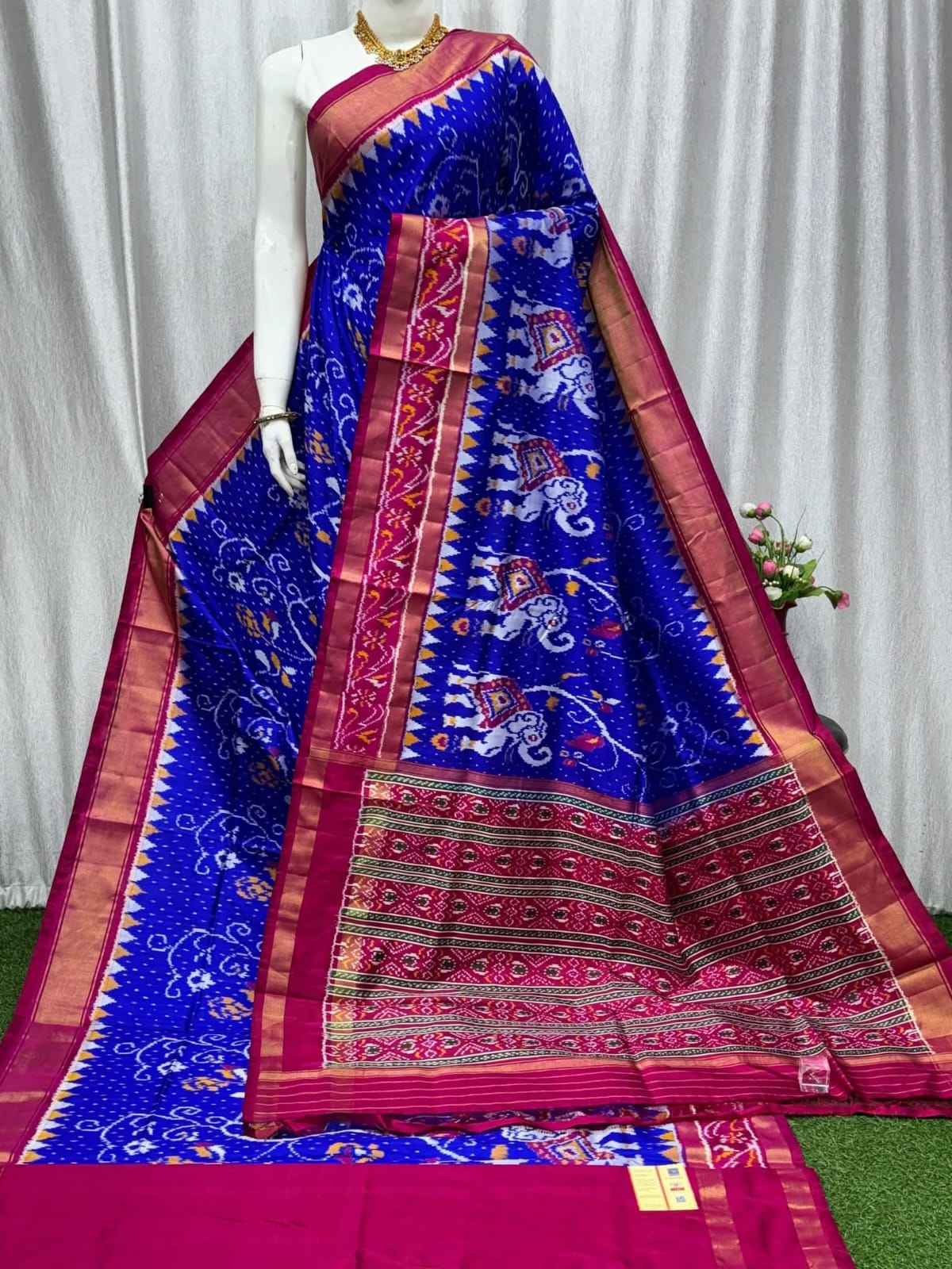 Royal Blue Ikat Pure Silk Saree with Rani Pink Border & Elephant Design