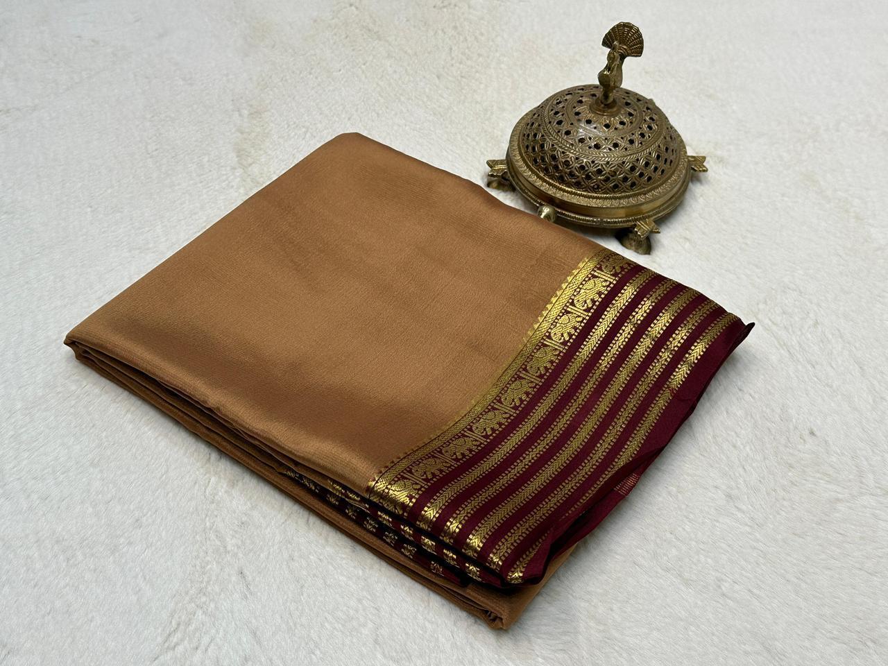 Brown Semi Mysore Silk Saree with Maroon & Gold Zari Border and Blouse
